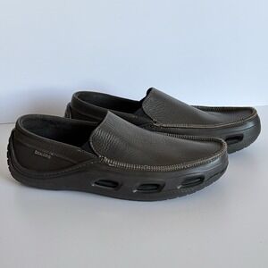 Crocs Men's Tideline Leather Slip On Loafer Shoes Dark Brown Sz 13 Driving Boat